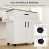 Rolling kitchen island cart in white with a wooden top, drawer, and lockable wheels for easy mobility and stability.
