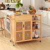 Bamboo kitchen island cart on wheels, showcasing a spacious top and sturdy frame, ideal for kitchen and dining.