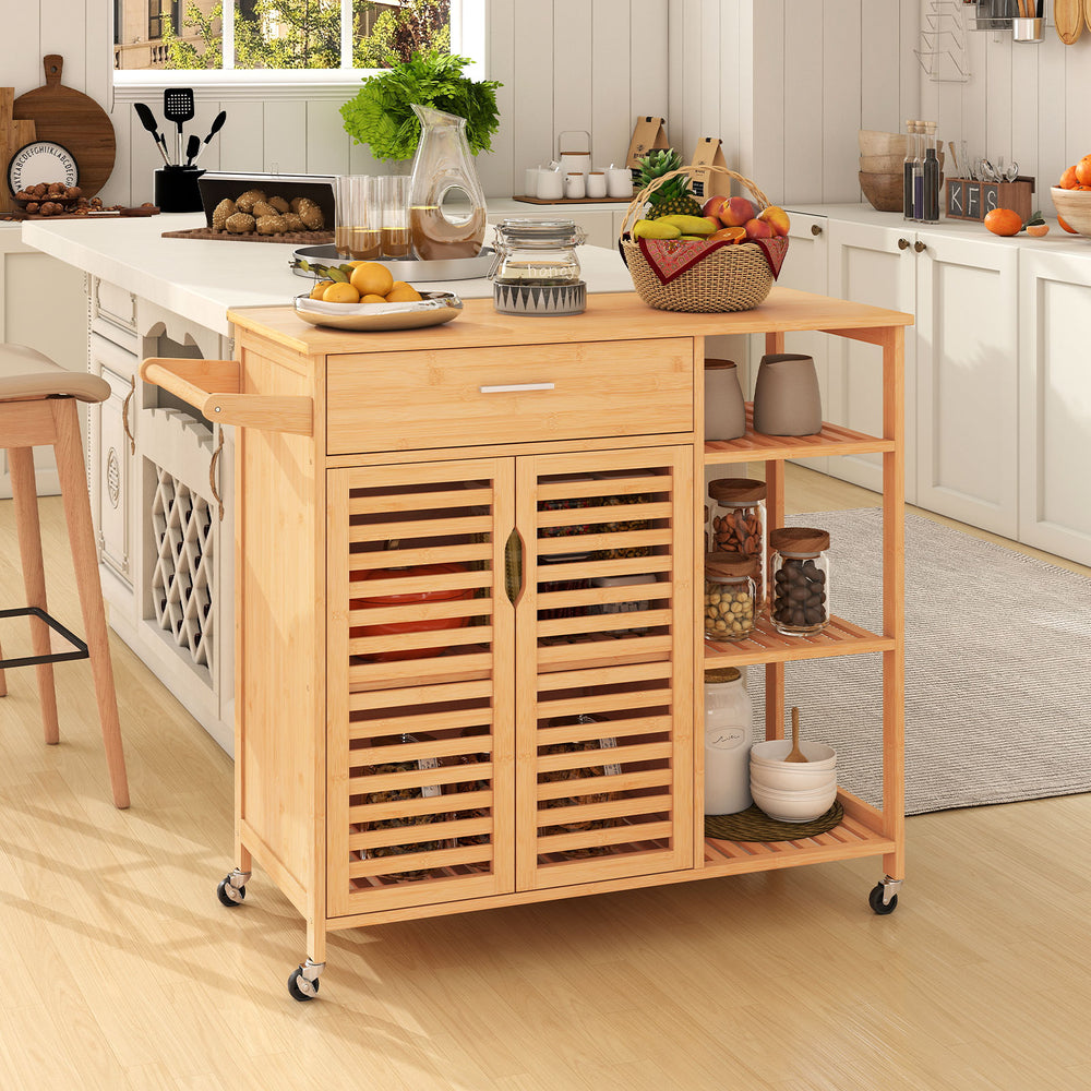 Bamboo kitchen island cart on wheels, showcasing a spacious top and sturdy frame, ideal for kitchen and dining.