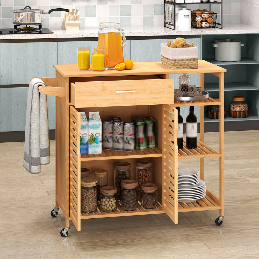 Bamboo kitchen island cart on wheels with drawer, shelves, and towel rack, perfect for versatile storage in any space.