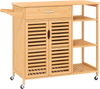 Bamboo kitchen island cart on wheels with drawer, cabinet, and shelves for versatile storage in kitchens or dining.