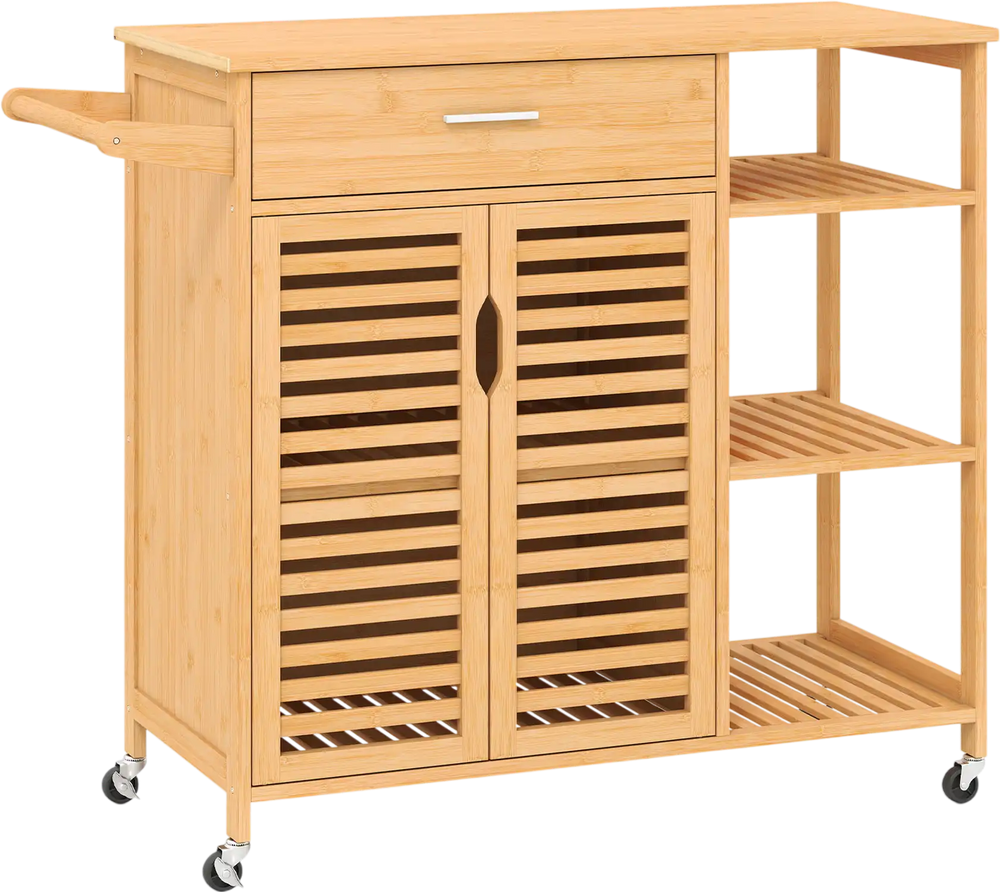 Bamboo kitchen island cart on wheels with drawer, cabinet, and shelves for versatile storage in kitchens or dining.