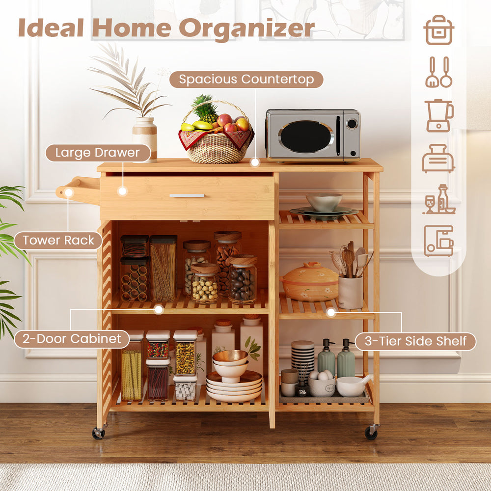 Kitchen island cart on wheels with bamboo frame, spacious countertop, large drawer, and 3-tier side shelf for versatile.