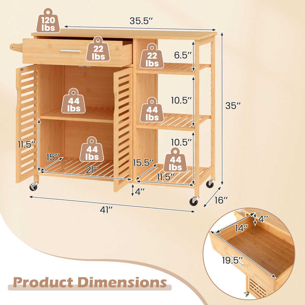Bamboo kitchen island cart with wheels, featuring a spacious top, drawer, and shelves for versatile storage solutions.