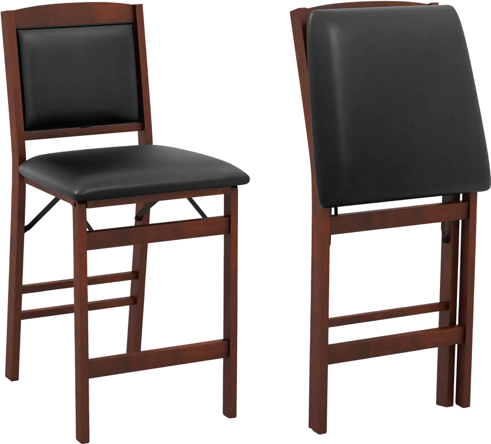 Folding kitchen island stool set with rubber wood legs, black PVC leather upholstery, and compact storage design.
