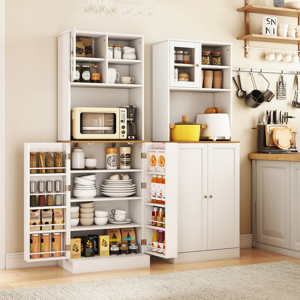 Freestanding white kitchen pantry cabinet with microwave shelf, adjustable shelves, and tempered glass doors for.