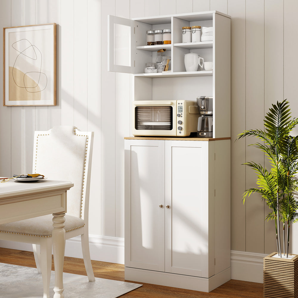 Tall white kitchen pantry cabinet with microwave shelf, adjustable shelves, and tempered glass door for organized.