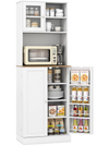 White kitchen pantry cabinet with 8 door shelves and a microwave shelf, ideal for storing snacks and beverages.