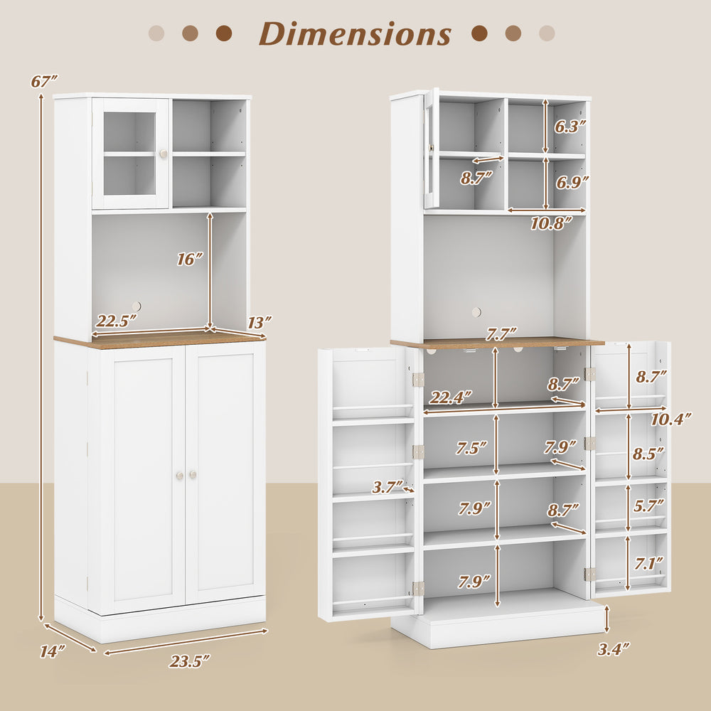 Dimensions of the white Kitchen Pantry Cabinet with adjustable shelves and microwave shelf for organized storage.