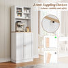 Tall white kitchen pantry cabinet with microwave shelf, adjustable shelves, and tempered glass doors for organized.