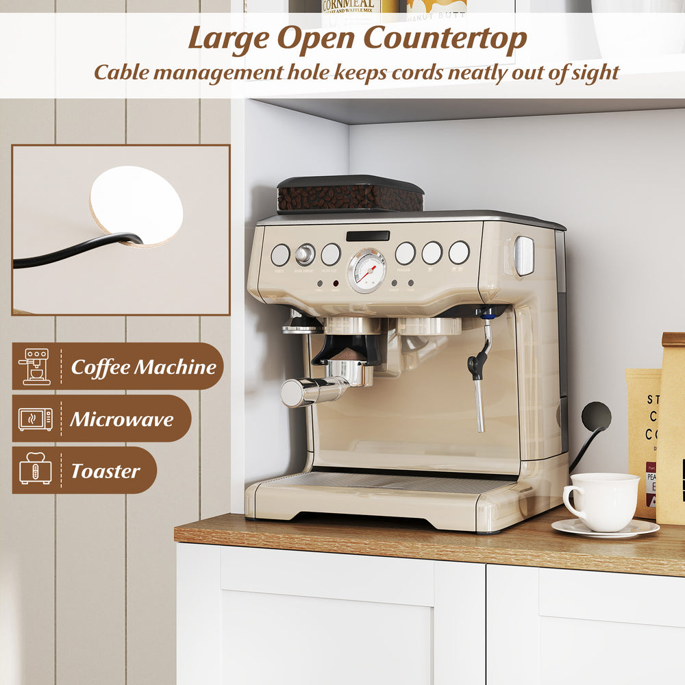 Kitchen pantry cabinet with microwave shelf, large storage space, and built-in cable management hole for organized.