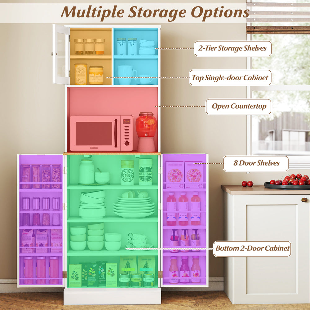 Freestanding 67-inch white kitchen pantry cabinet with microwave shelf and multiple storage options for organized.