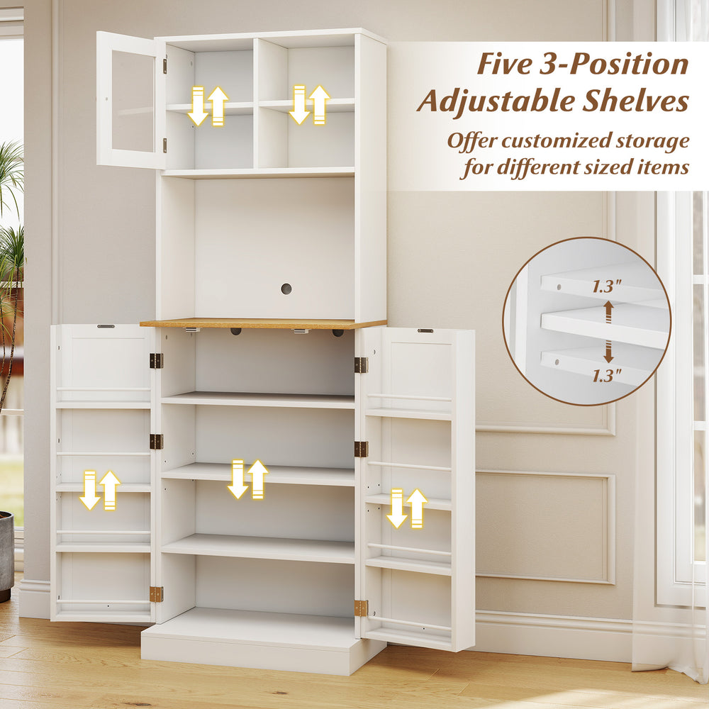 Freestanding tall kitchen pantry cabinet with five adjustable shelves and microwave shelf for organized storage.