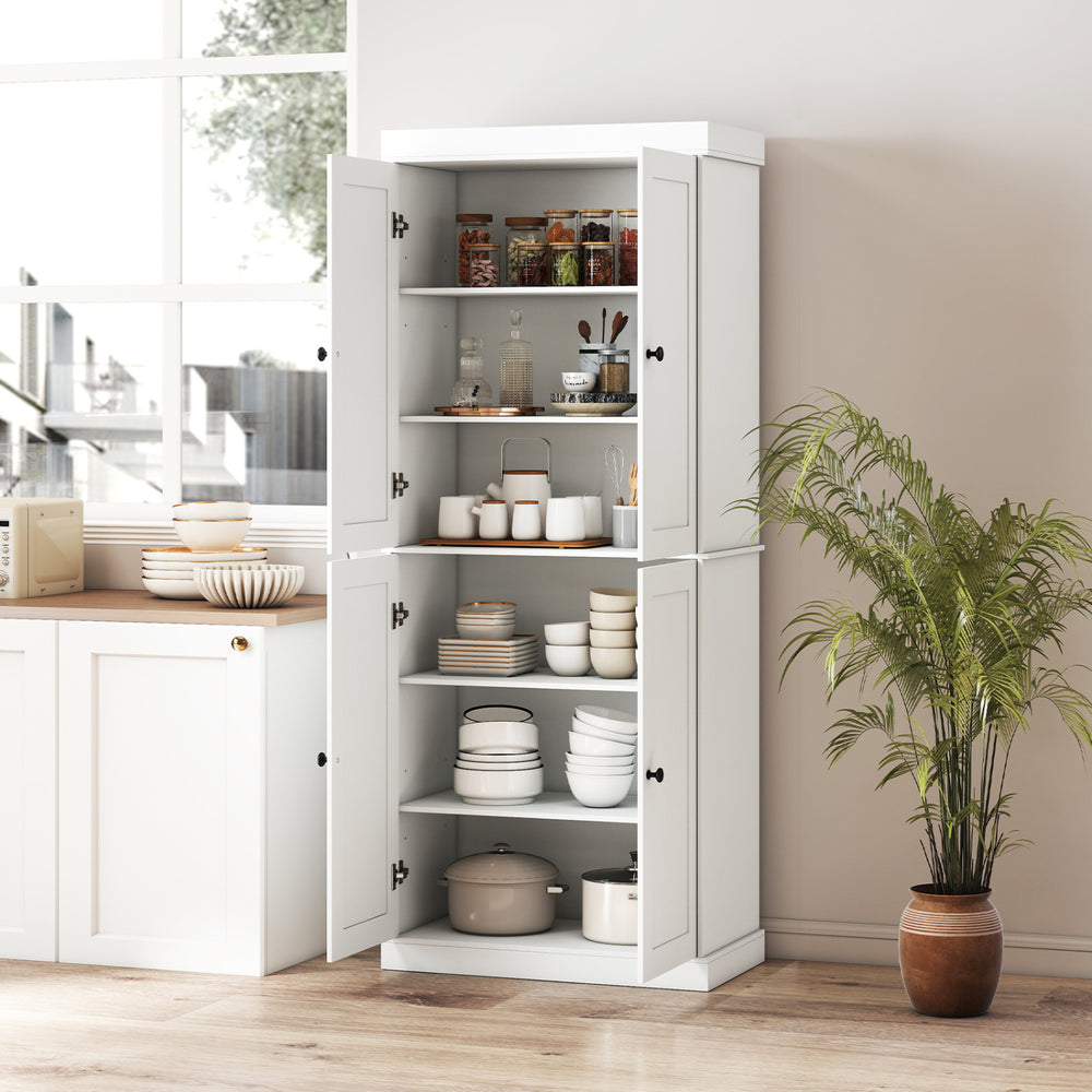 White kitchen pantry cabinet with adjustable shelves, perfect for storing tableware and kitchen essentials in any room.