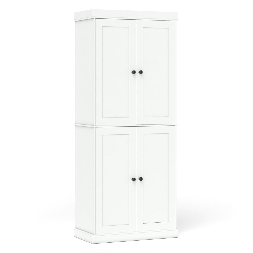 White kitchen pantry cabinet featuring two adjustable shelves, anti-tipping kits, and ample storage for various essentials.