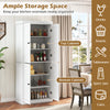 White kitchen pantry cabinet featuring spacious top and bottom cabinets with adjustable shelves for versatile storage.