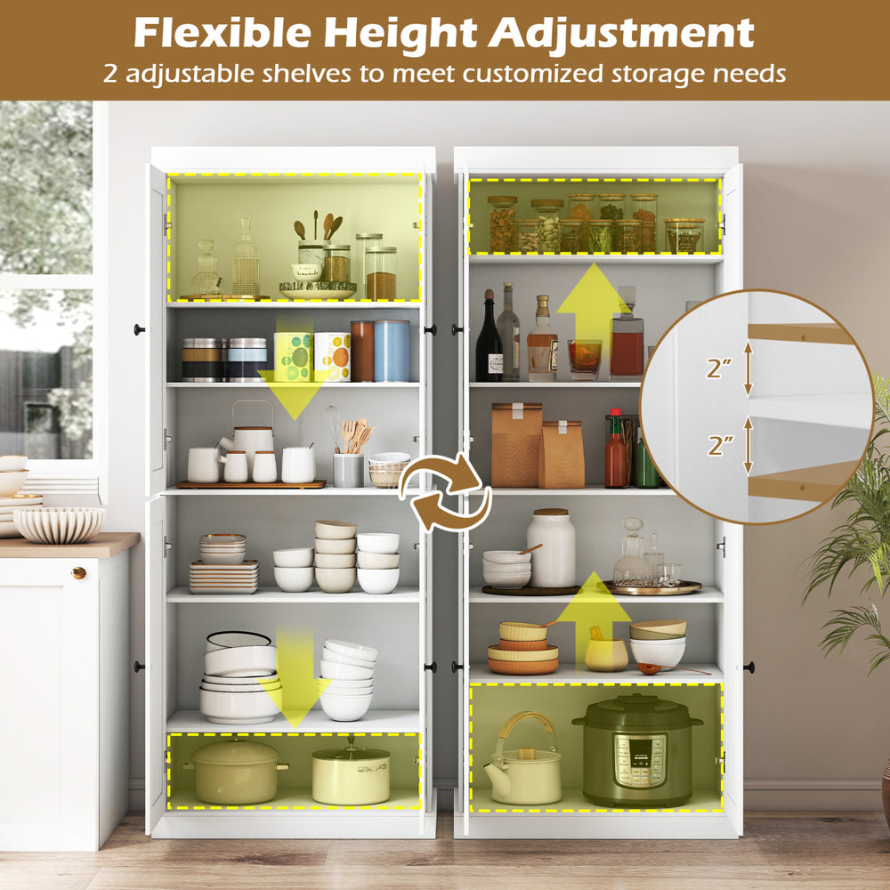 Kitchen pantry cabinet with two adjustable shelves, anti-tipping kits, and spacious storage for kitchen essentials.