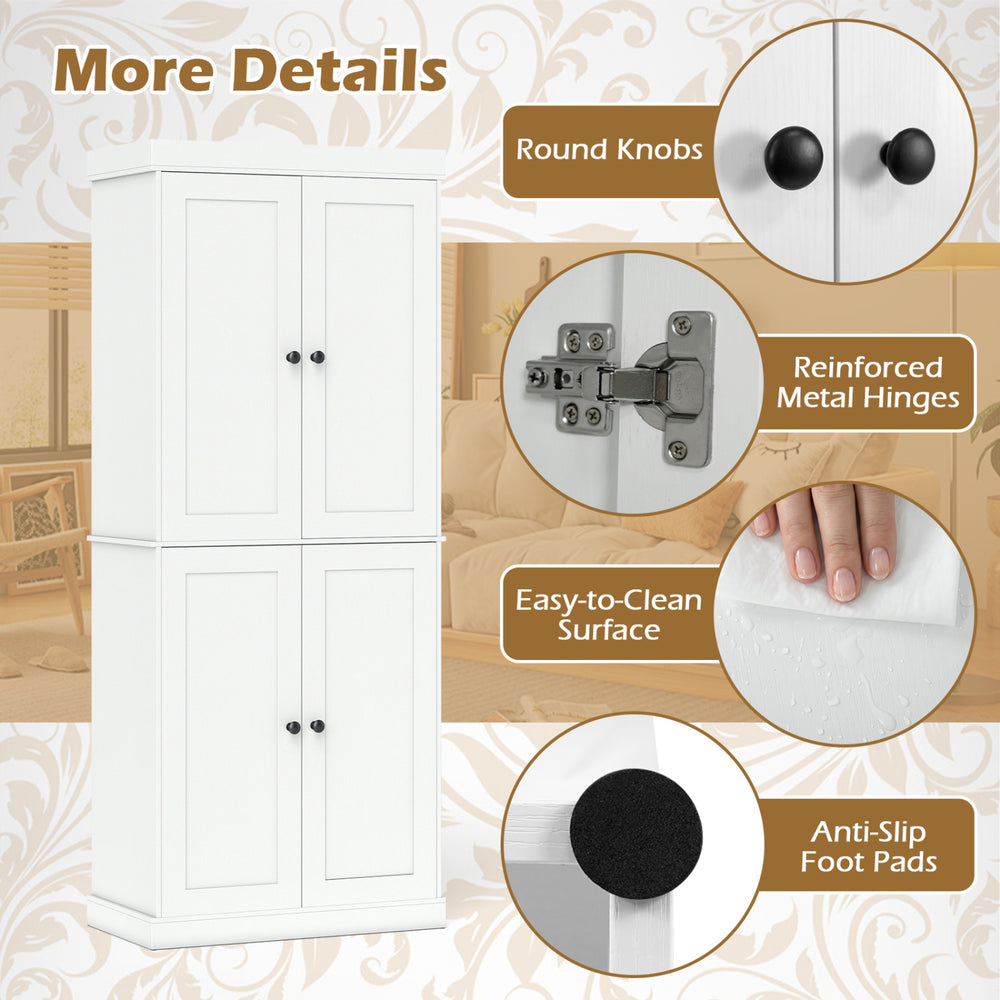 White kitchen pantry cabinet featuring adjustable shelves, reinforced metal hinges, and anti-slip foot pads for versatile storage.