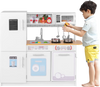 Toddler pretend play kitchen toy in white with stove, sink, and cookware set for imaginative cooking fun.