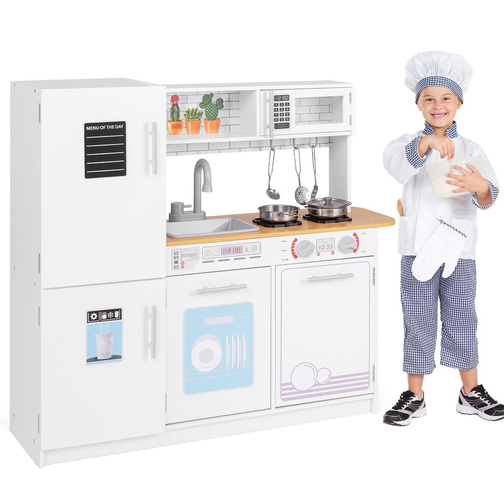 Toddler pretend play kitchen toy showcasing the blackboard for menu writing and realistic click-sound knobs for.