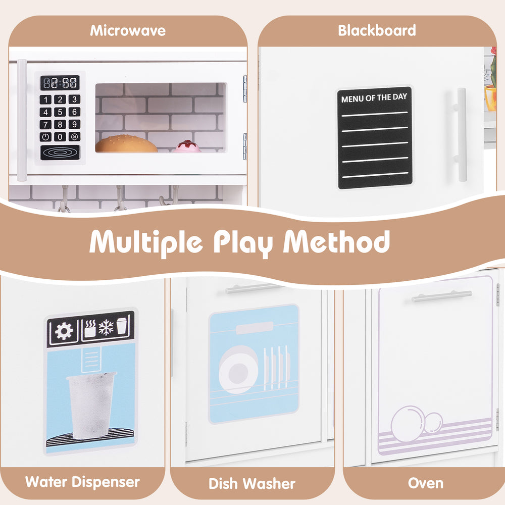 Toddler pretend play kitchen toy featuring microwave, oven, and blackboard for imaginative cooking and creativity.