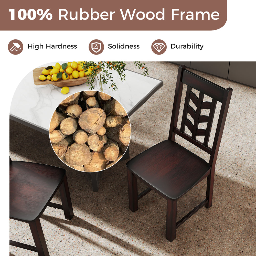 Rustic brown kitchen side dining chair with 100% rubber wood frame, ergonomic backrest, and sturdy design for comfort.