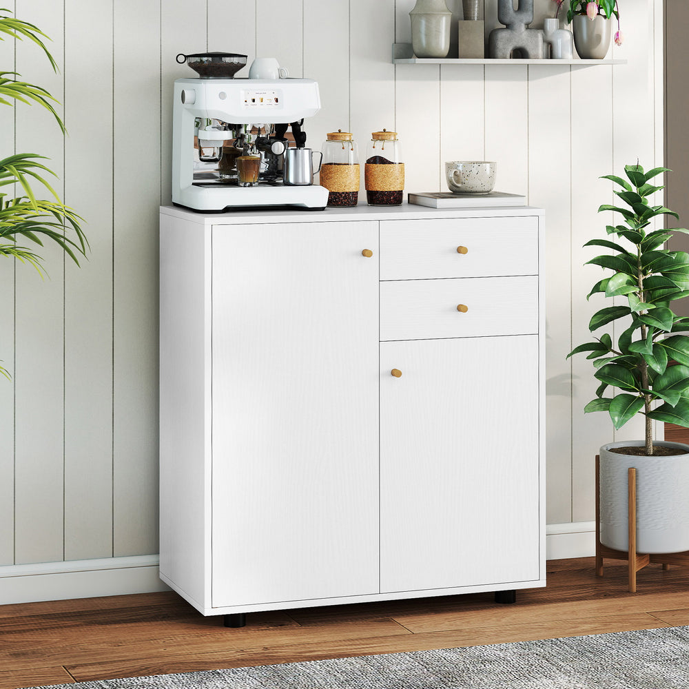 White kitchen sideboard buffet cabinet with 2 drawers, 2 doors, and 3 adjustable shelves for organized storage.