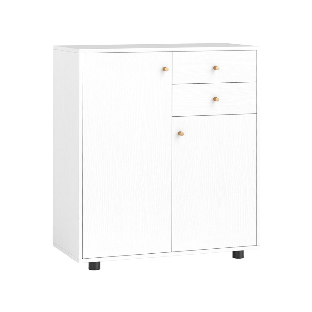 White kitchen sideboard buffet cabinet featuring 2 drawers, 2 doors, and 3 adjustable shelves for versatile storage.