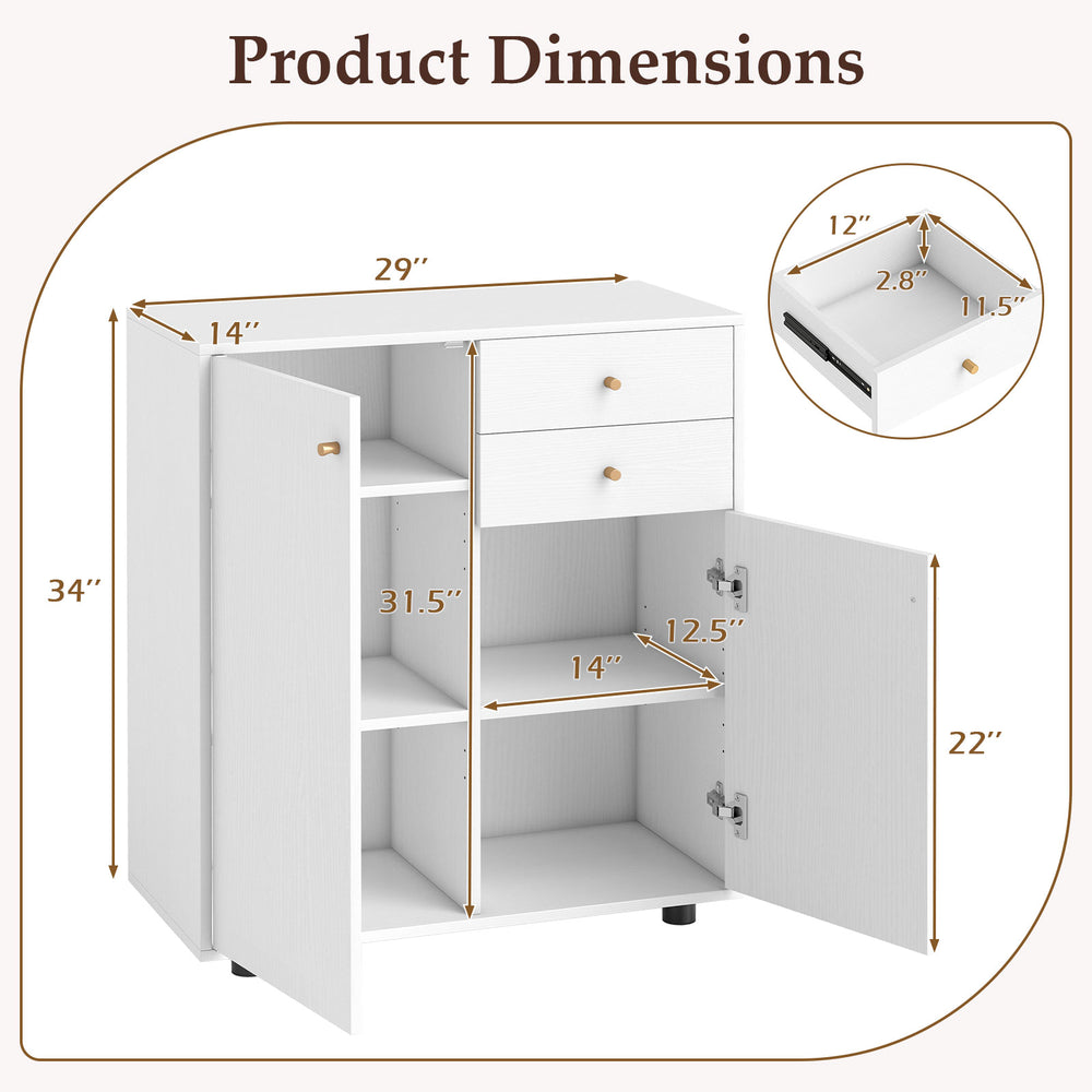 Dimensions of the white kitchen sideboard buffet cabinet with 2 drawers, 2 doors, and 3 adjustable shelves.