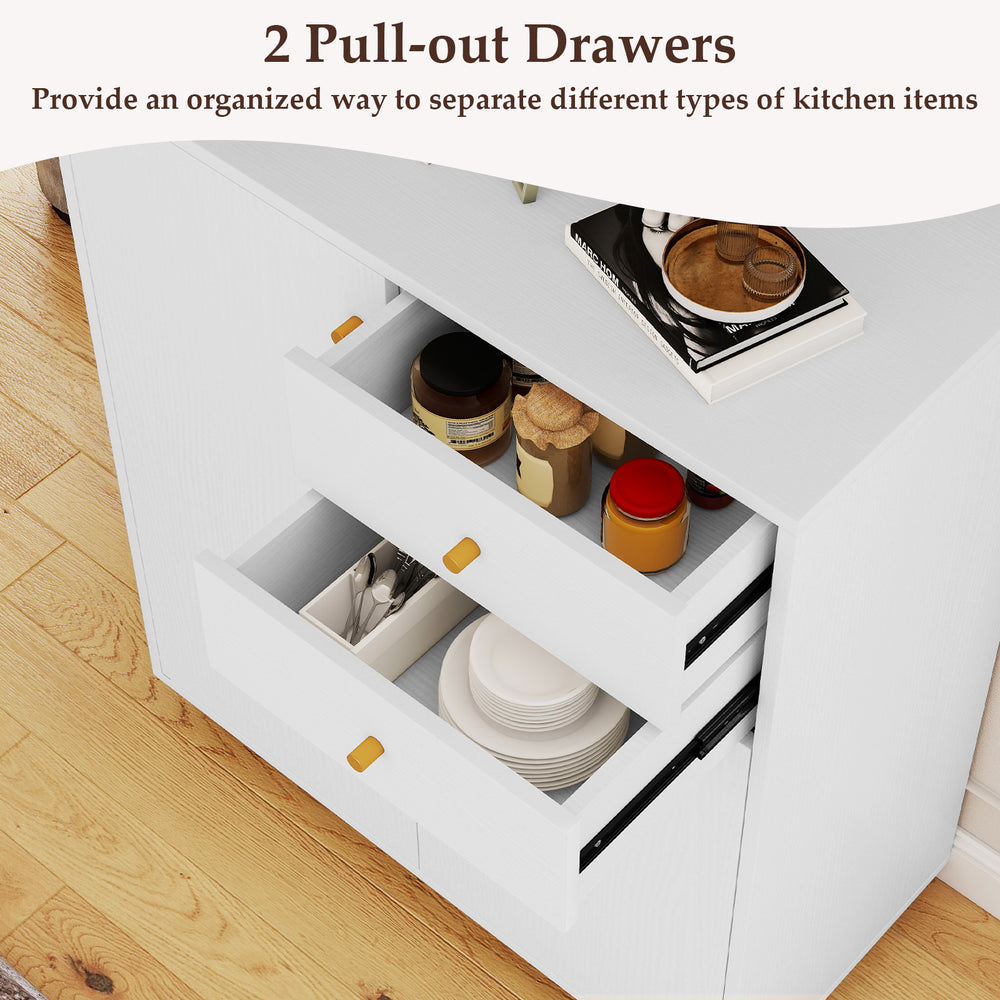 Top view of the white kitchen sideboard buffet cabinet featuring 2 pull-out drawers for organized kitchen storage.