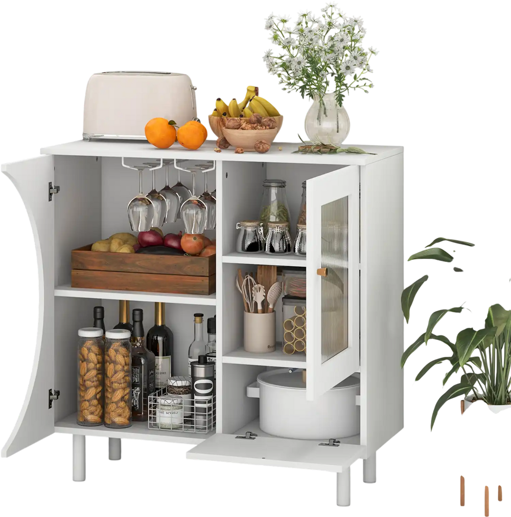 Kitchen sideboard with glass holder, white finish, ample storage for tableware and snacks, perfect for dining rooms.