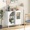 White kitchen sideboard with glasses holder, featuring a tempered glass door and ample storage for dining essentials.