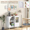 Kitchen sideboard with glass holder in white, featuring tempered glass doors and ample storage for dining room.
