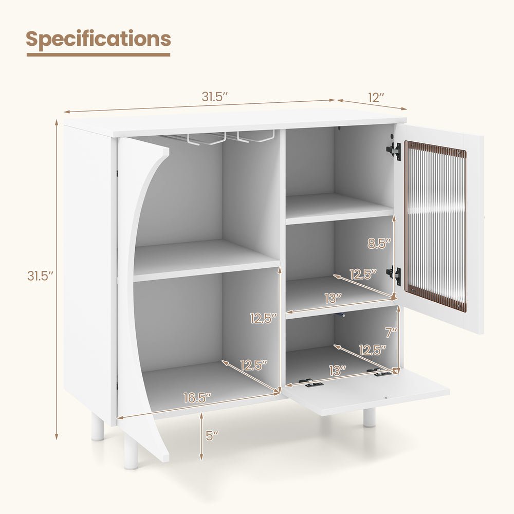 Kitchen sideboard with dimensions, featuring a glass door and double row wine glass holder for organized storage.