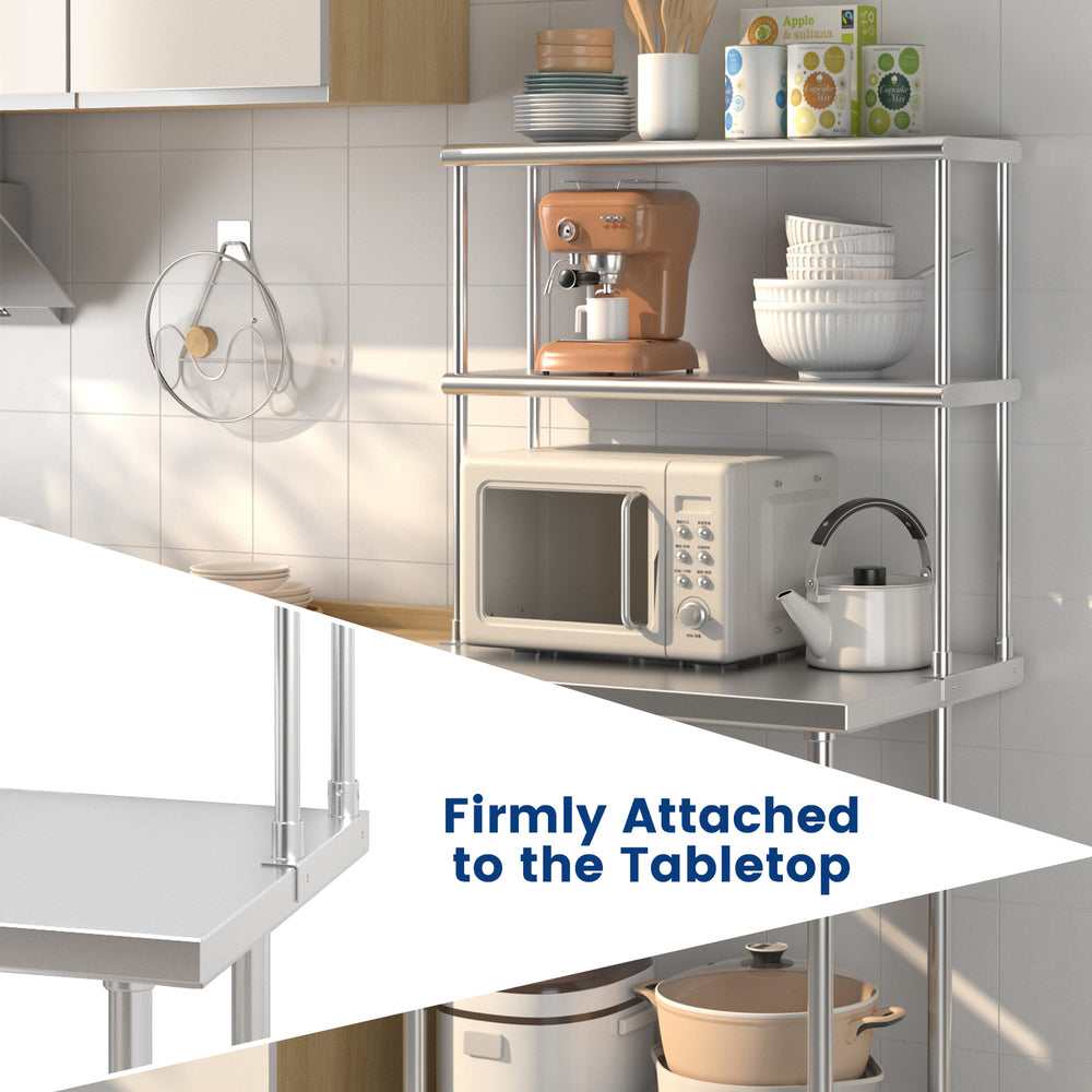 Stainless steel kitchen overshelf with adjustable lower shelf, firmly attached to the tabletop for added durability.