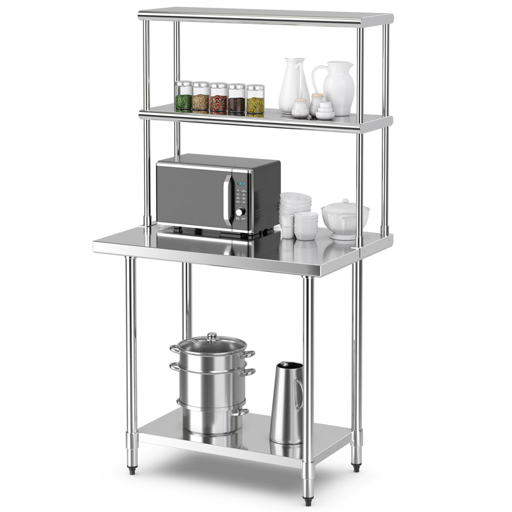 Stainless steel overshelf with adjustable lower shelf, featuring a microwave and kitchenware for versatile storage.