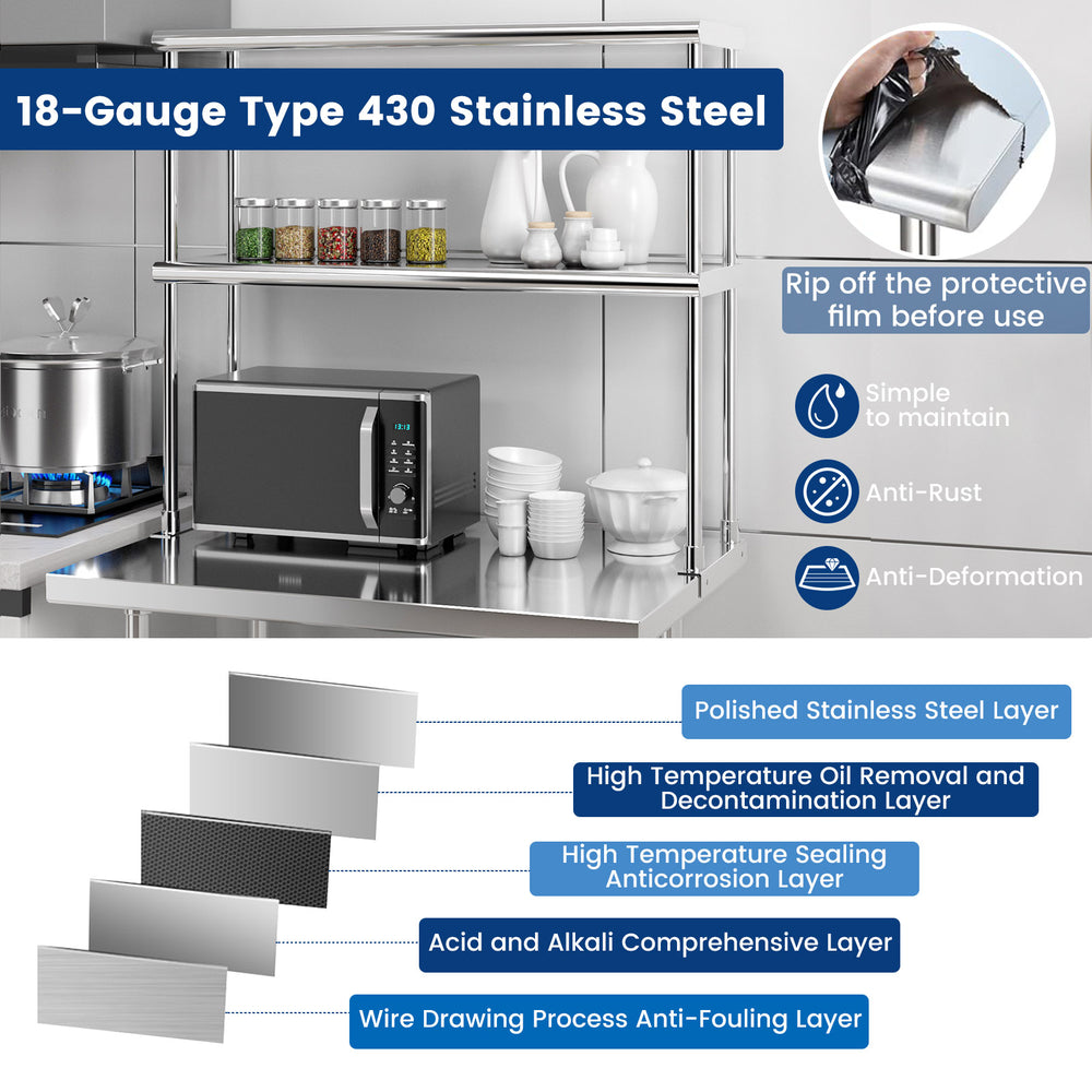 36 x 12 inch kitchen stainless steel overshelf with adjustable lower shelf, made from durable 18-gauge type 430.
