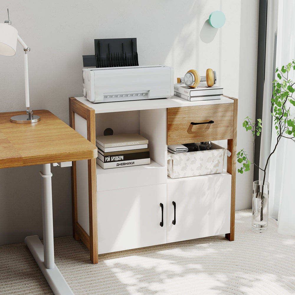 Kitchen storage cabinet in white with pull-out shelf, drawer, and two doors, perfect for organizing any room.