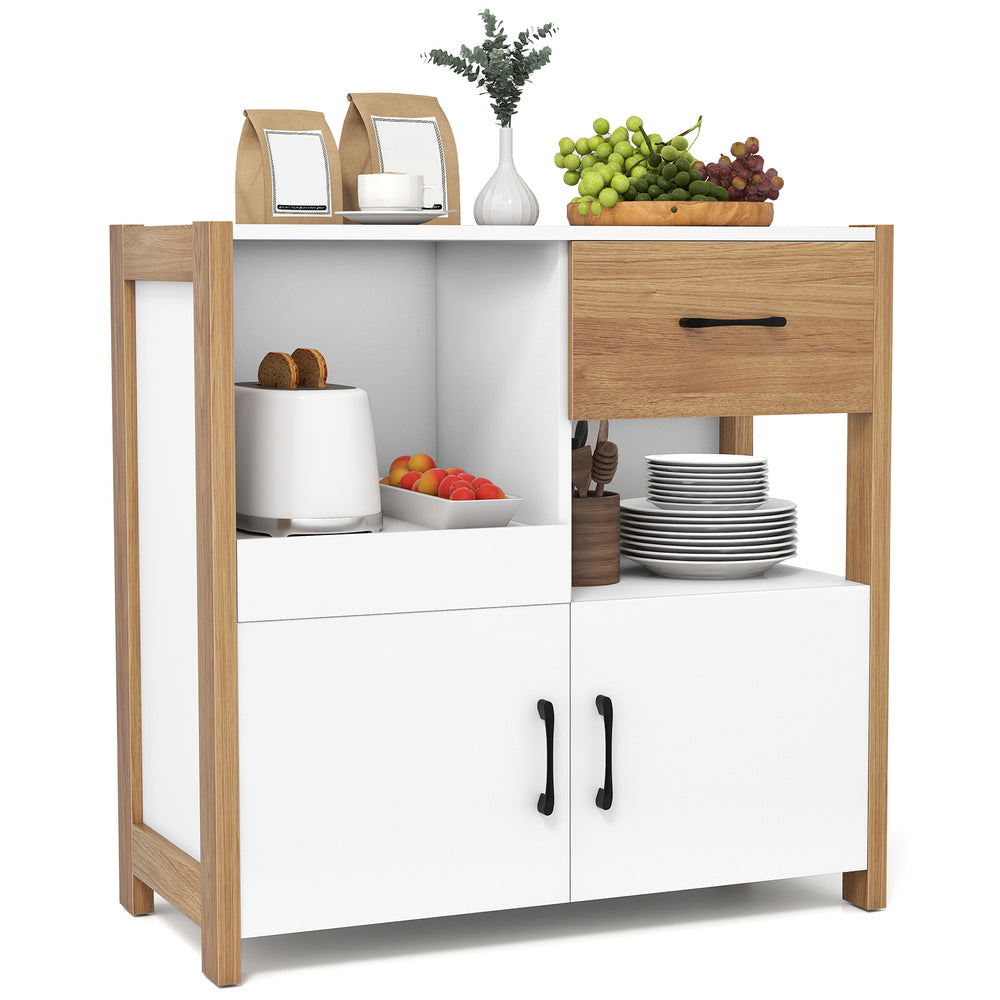 Kitchen storage cabinet in white with a pull-out shelf, drawer, and two doors for organized kitchen essentials.