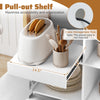 Pull-out shelf of a white kitchen storage cabinet, featuring a toaster and utensils, designed for organization and.