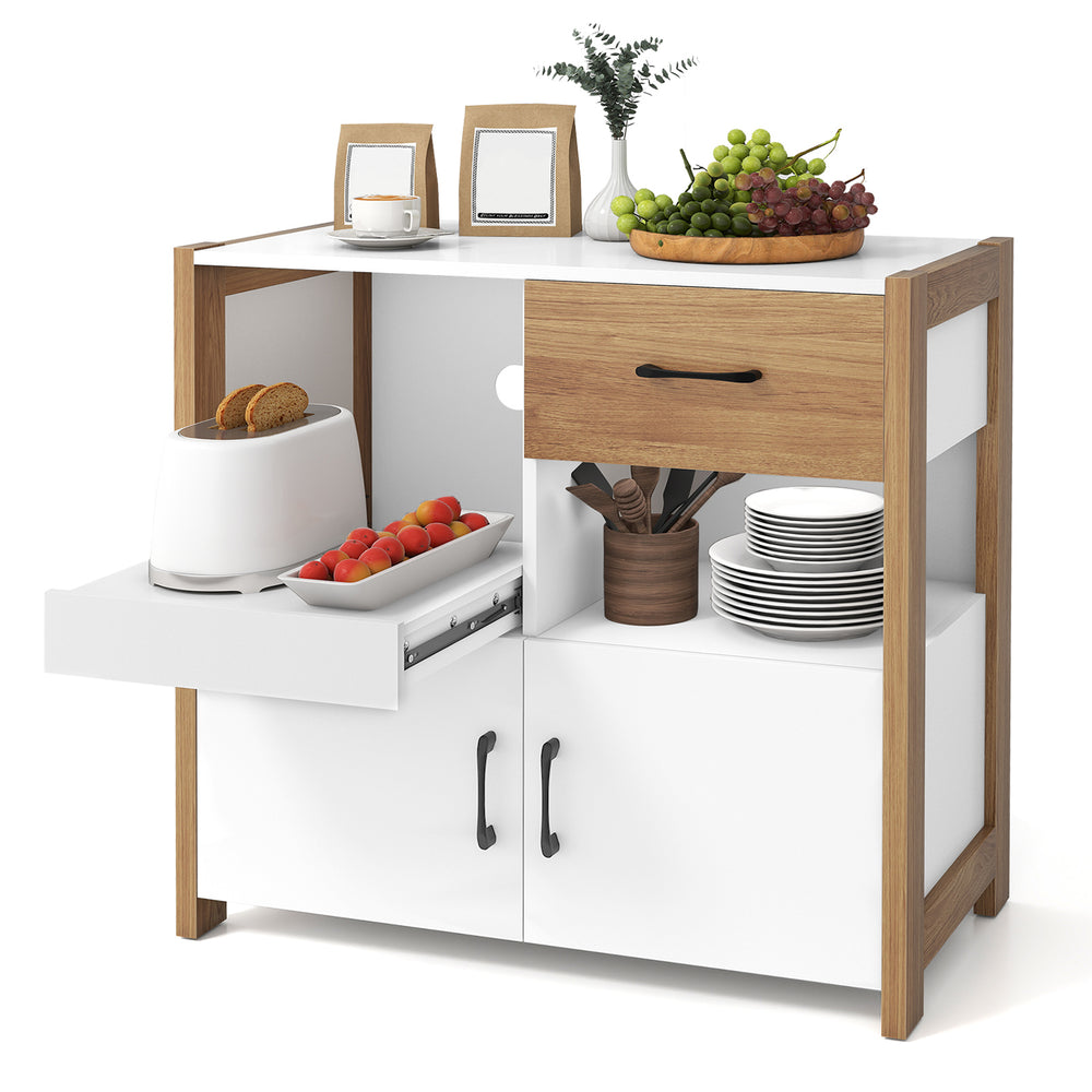 Kitchen storage cabinet in white with a pull-out shelf, drawer, and two doors for organized kitchen or dining room use.