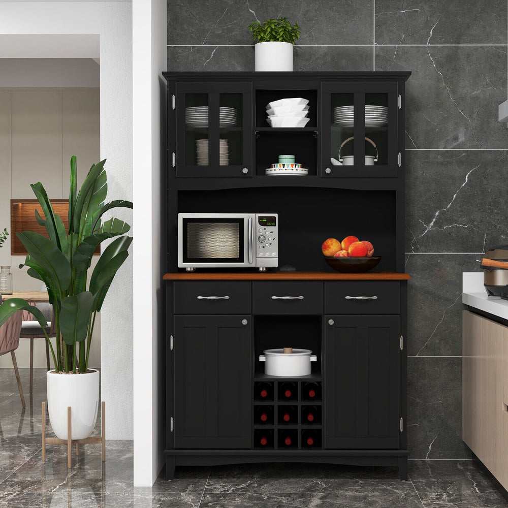 Black kitchen storage cabinet with wine rack, glass doors, and drawers, perfect for dining room or kitchen organization.