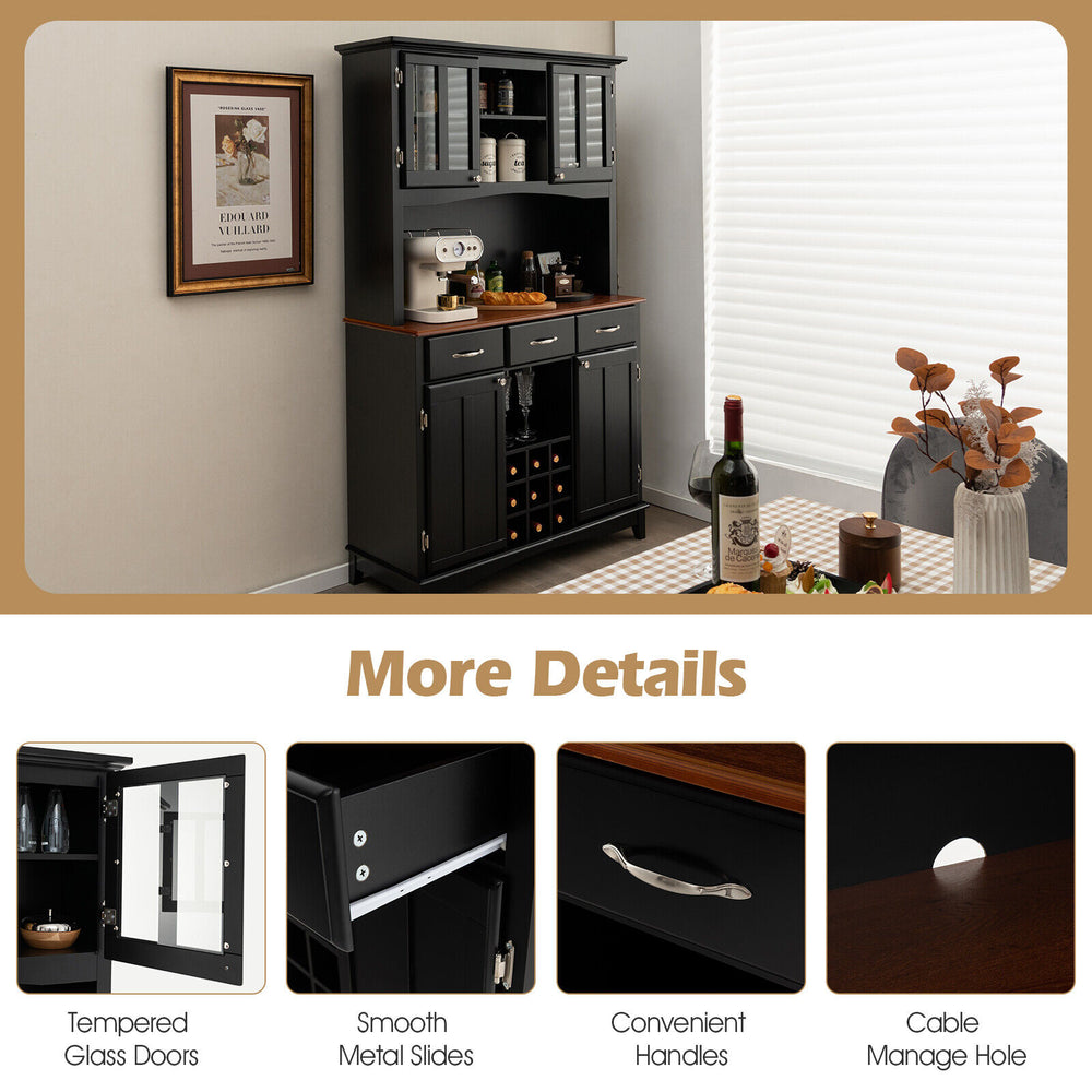 Kitchen storage cabinet in black with tempered glass doors, wine rack, and drawers for versatile organization.
