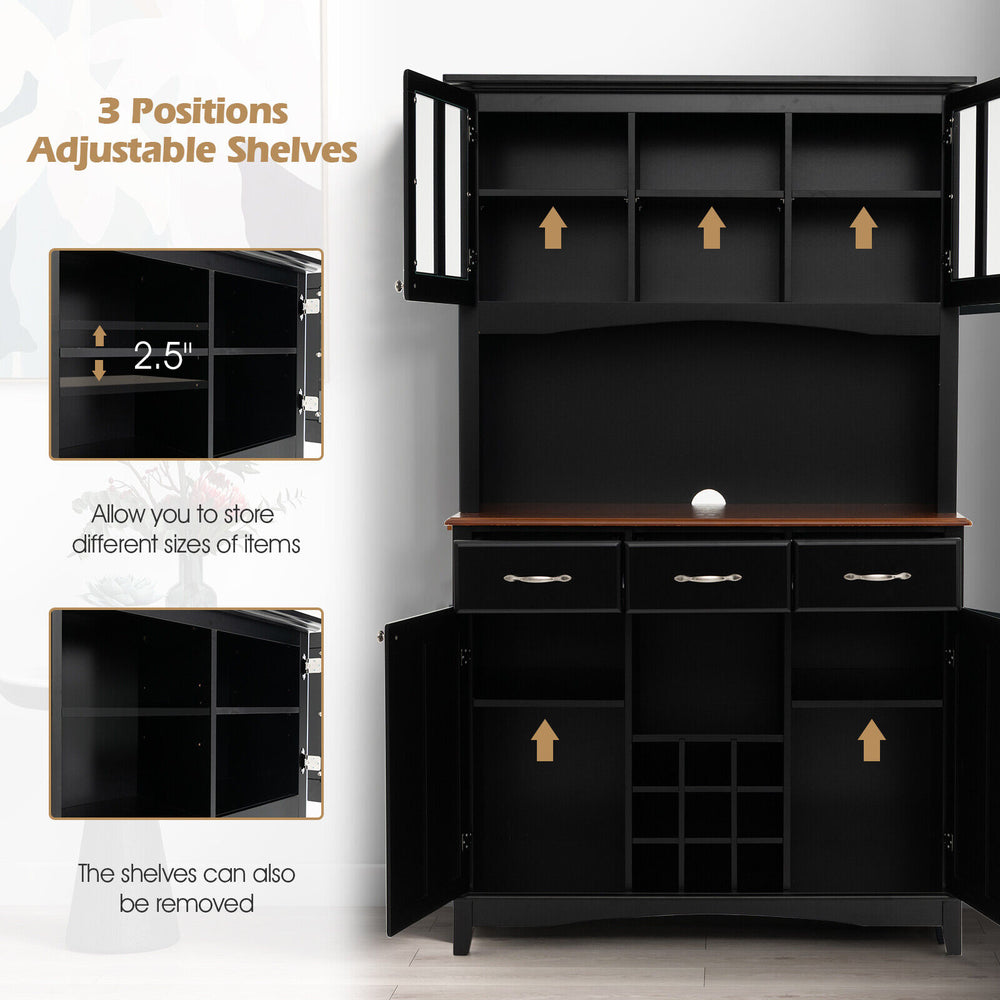 Kitchen storage cabinet in black with adjustable shelves, wine rack, and drawers for versatile organization and style.