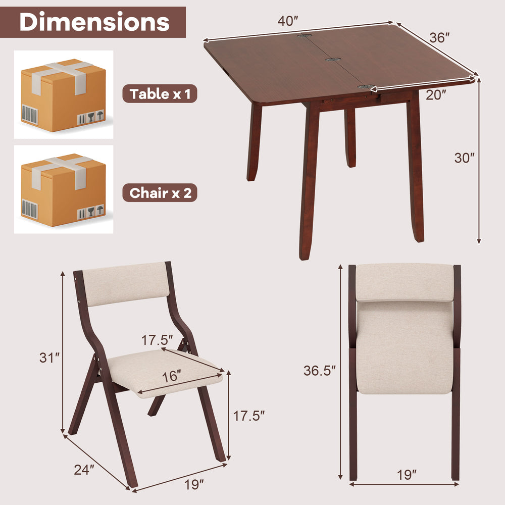 Expandable dining table set with two upholstered folding chairs, featuring solid rubber wood legs and hidden storage.