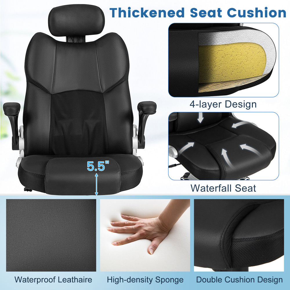 Kneading massage office chair with adjustable headrest, thick waterfall seat, and waterproof leather for comfort.