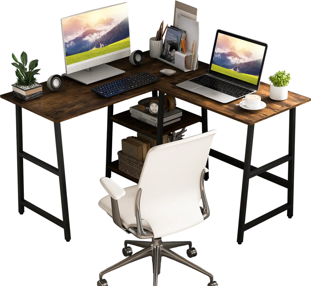 L-shaped corner computer desk in brown featuring a spacious top and two-tier shelf, perfect for organizing your.