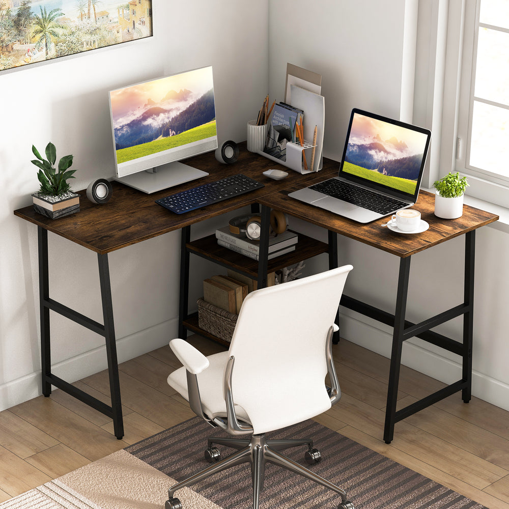 L Shaped Corner Computer Desk with Storage Shelves-Brown - Gallery View 1 of 10