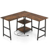 L-shaped corner computer desk in brown with storage shelves, sturdy steel construction, ideal for small spaces.