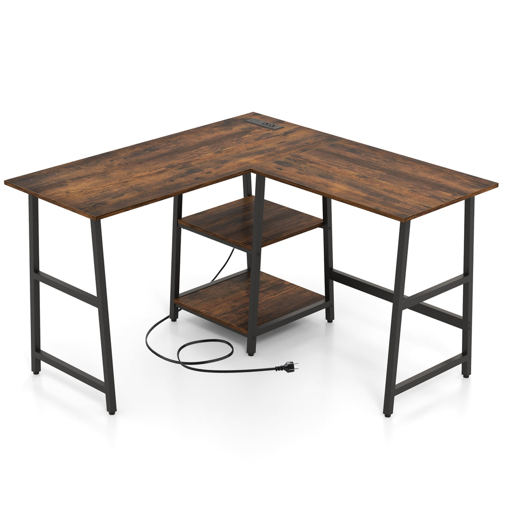 L-shaped corner computer desk in brown with storage shelves, sturdy steel construction, ideal for small spaces.